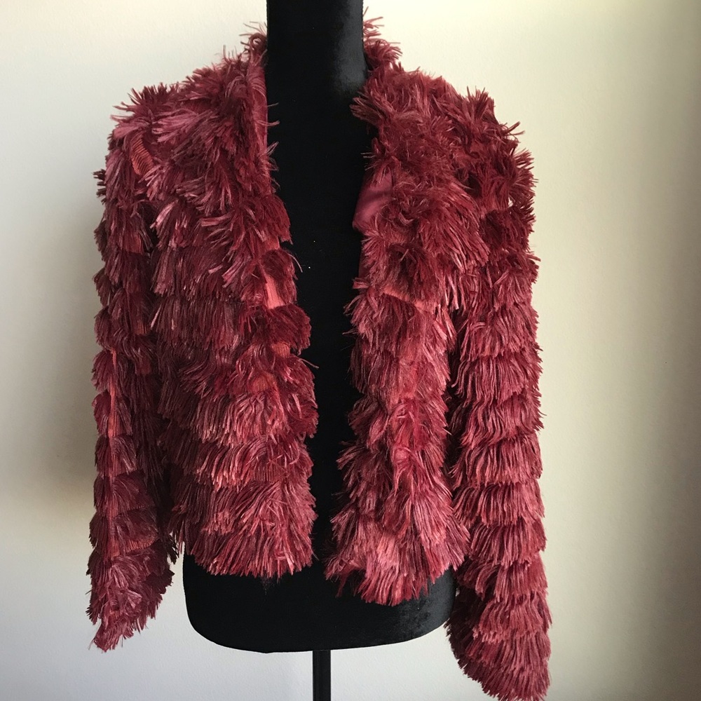 Burgundy Fluffy Long Sleeve Jacket